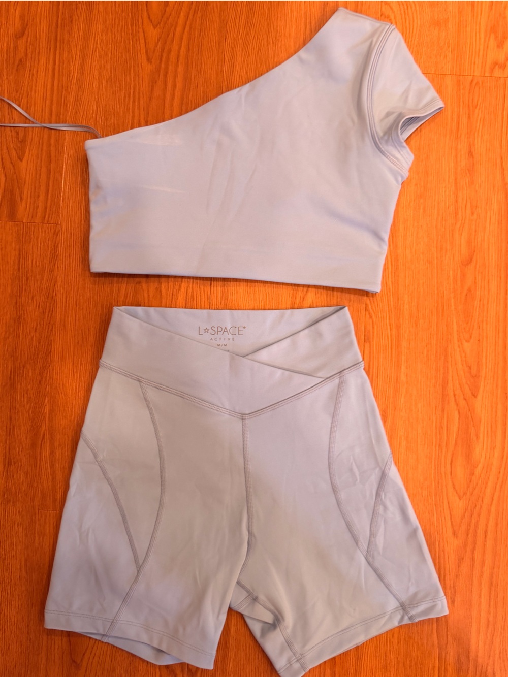 l*space Powder Blue One-Shoulder Crop Top & High-Waist Bike Shorts Set